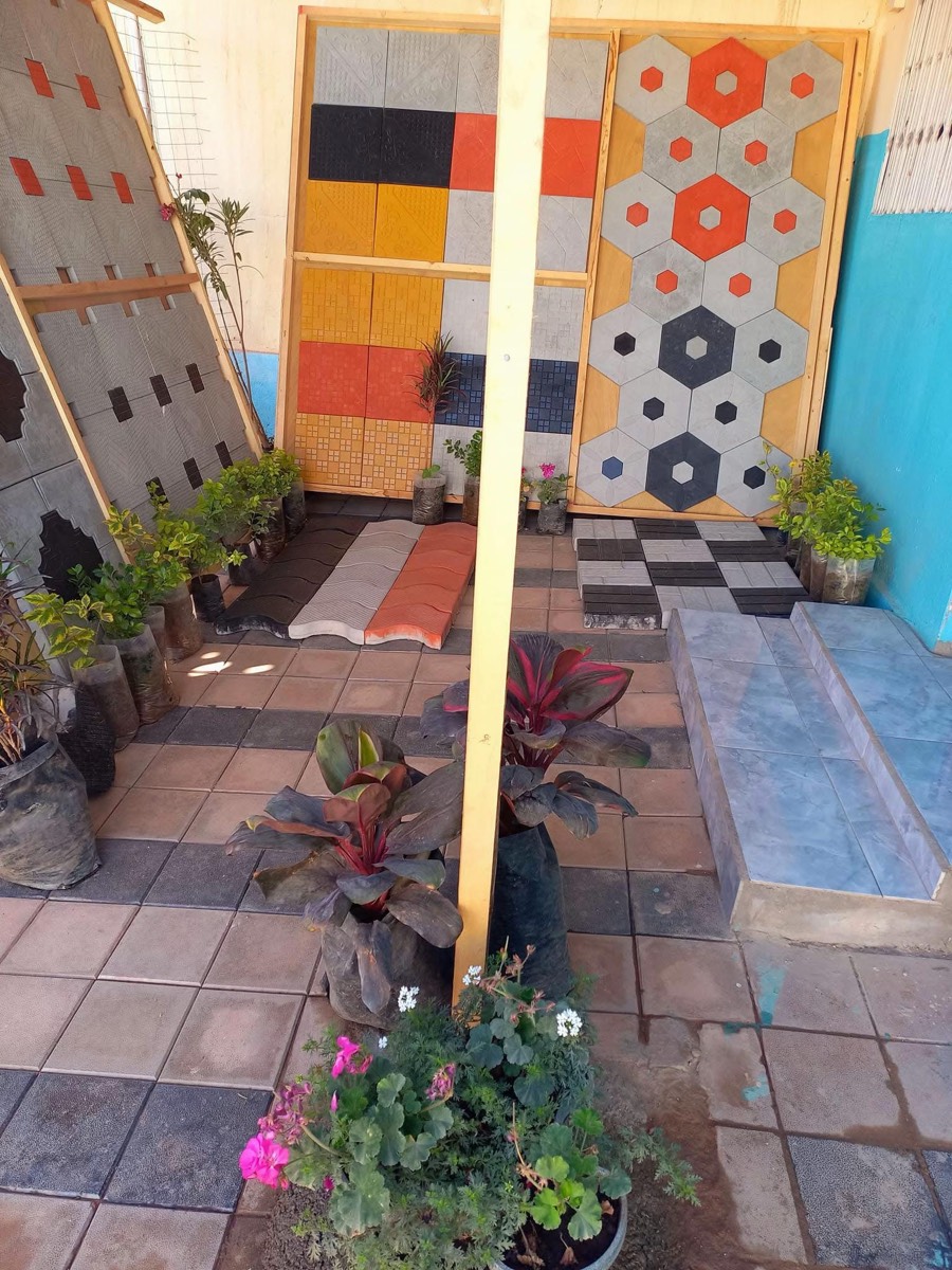 Showroom boards with tile samples and potted plants